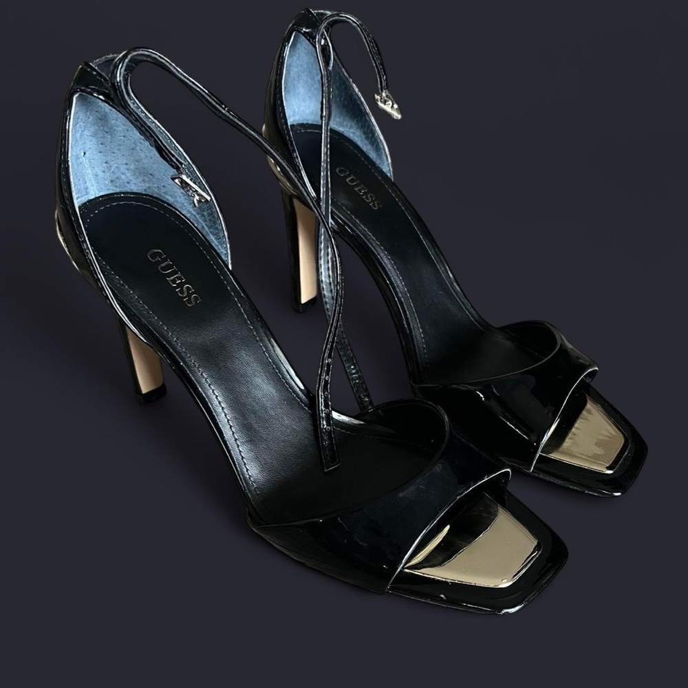 Guess Black Patent Peep-Toe Ankle-Strap Stilettos with Gold Accent - Picture 5 of 8